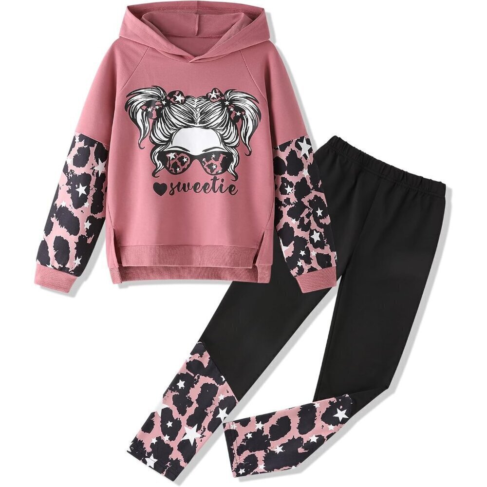 Girls Clothes Cool Girl Print Tie Dye Hoodie Pullover Sweatshirt Leggings 2PC Ou
